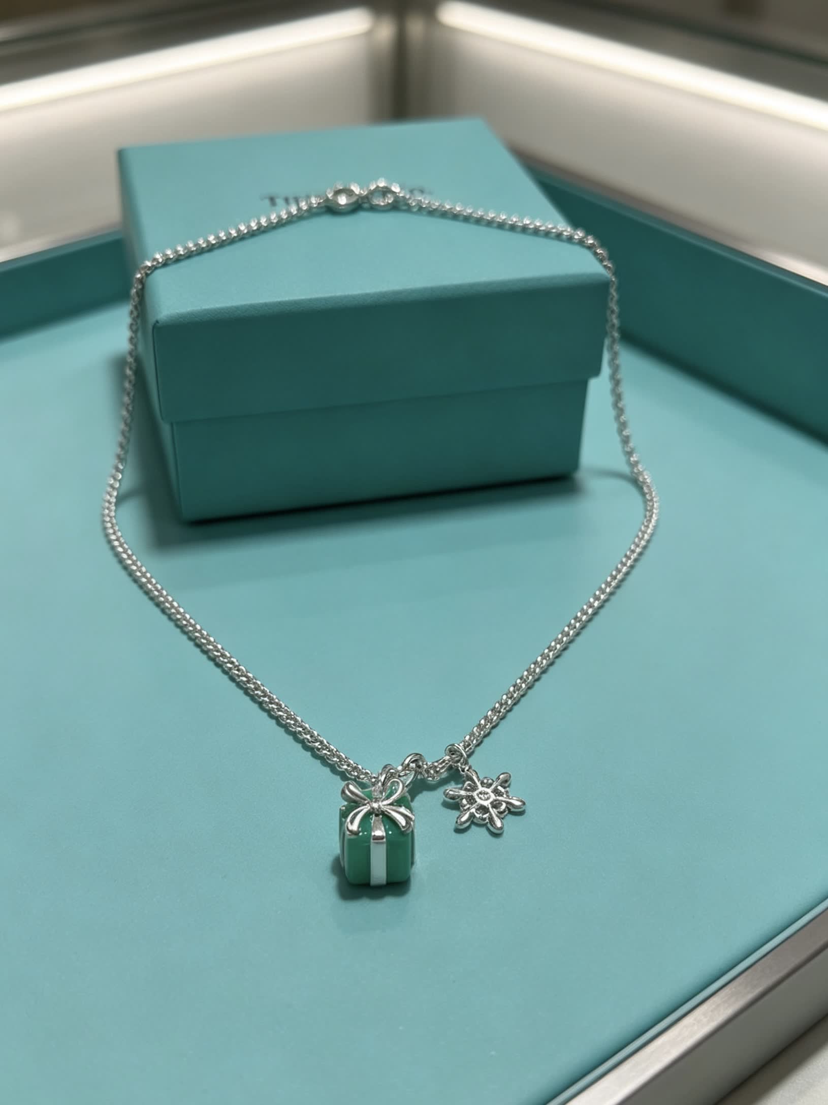 Tiffany & Co. Sterling Silver Gift Box and Flower Necklace Set